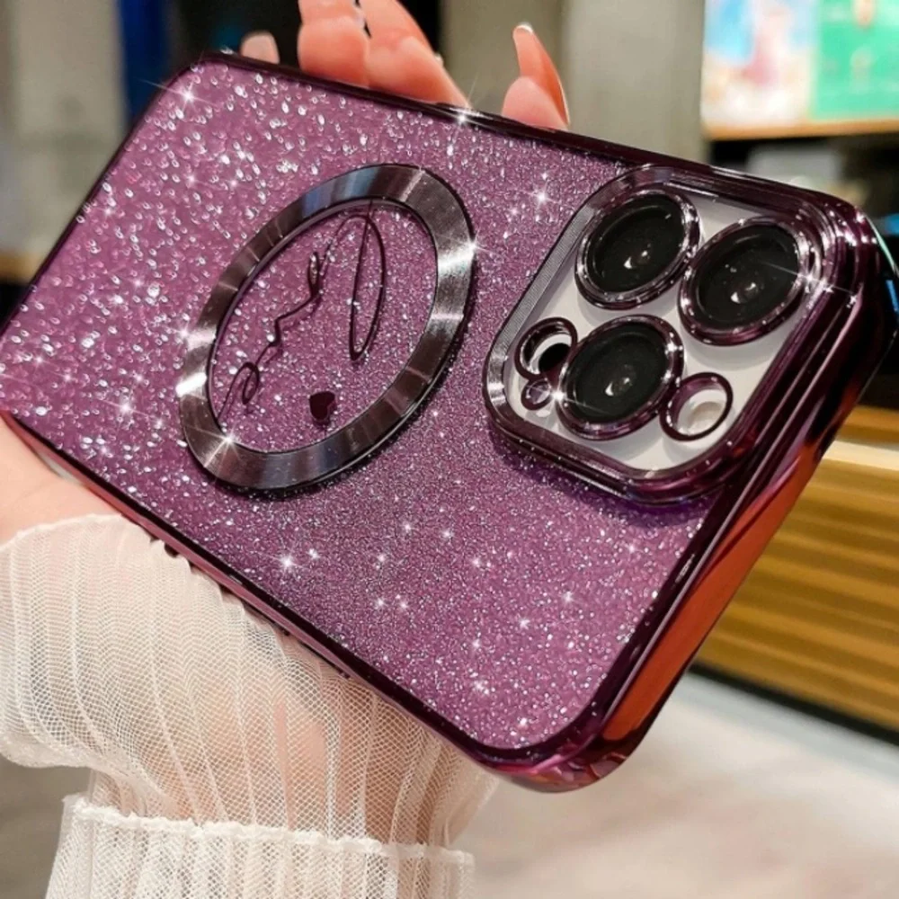 Magnetic Glitter purple Love Heart Case For iPhone 14 Pro Max Shockproof